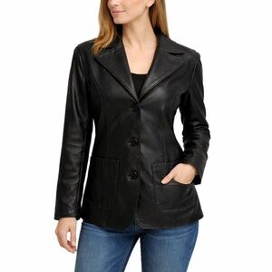 Vintage Dark blue Leather Womens Blazer Americano Jacket Medium Notch Lapel …
